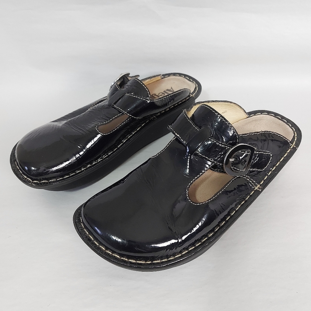Alegria Women Black Patent Mary Jane Clogs 36 EU Buckle Strap Retro Slipon Mules